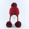 Kids Knitted Ear Warm Hat With Fox Fur Pom Poms Three-Color Braided Design Winter Cap