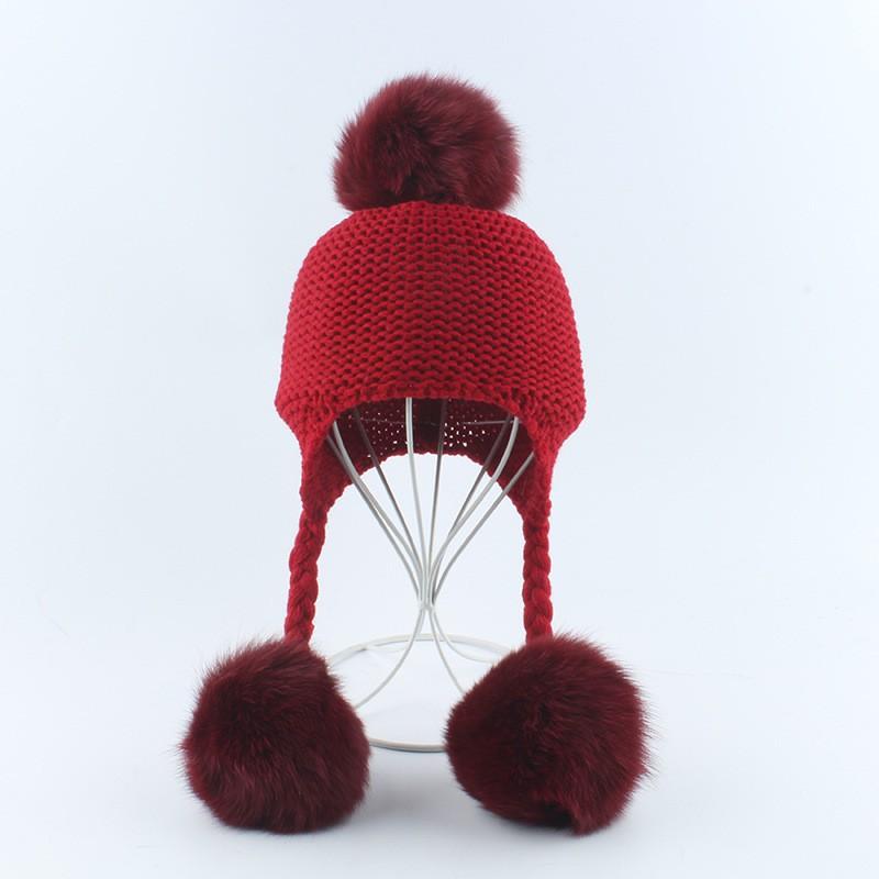 Kids Knitted Ear Warm Hat With Fox Fur Pom Poms Three-Color Braided Design Winter Cap
