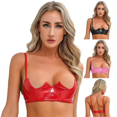 Damen Sexy Bügel-Push-Up-BH mit halben Körbchen, Dessous, Wet-Look, Lackleder, verstellbare Träger, Büstenhalter