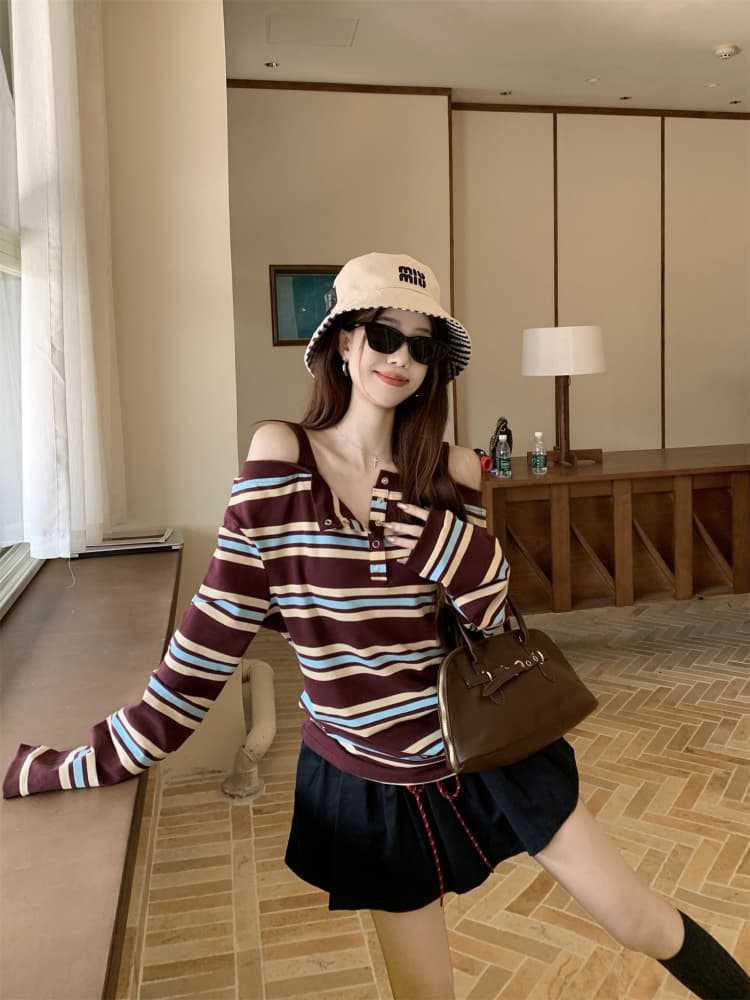 Korean Style One-Shoulder Contrast Stripe Patchwork Long-Sleeve T-Shirt with Spaghetti Straps for Women - Spring/Autumn Chic Top
