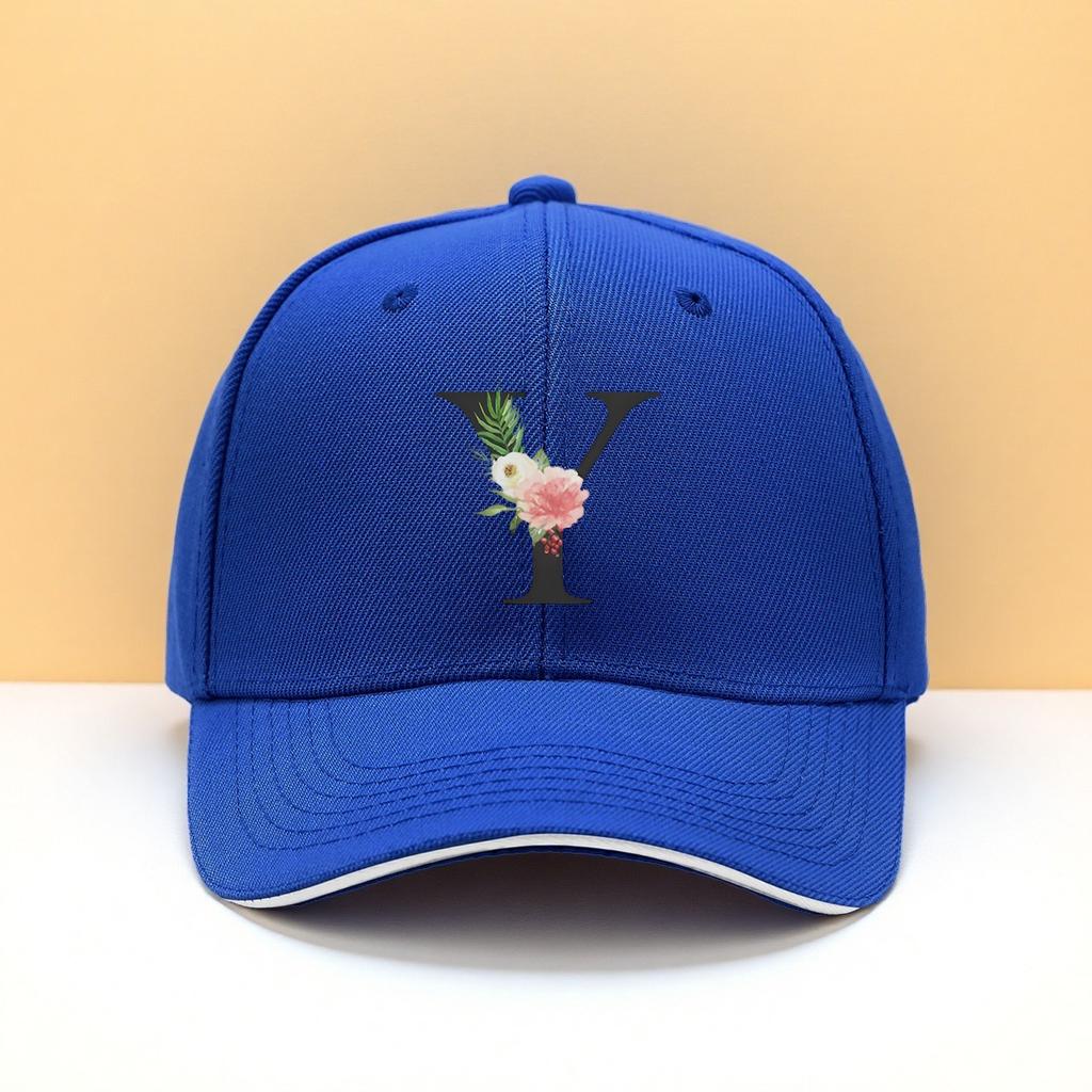 Floral Letter Y Baseball Cap Adjustable Black Polyester Fiber Unisex Outdoor Sports Hat