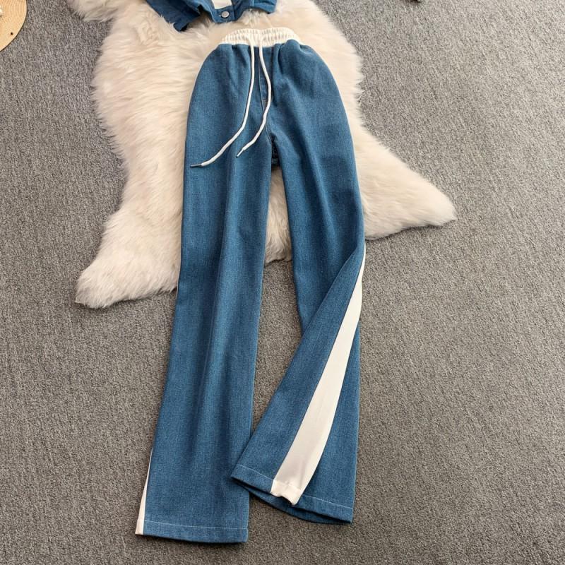 Womens Denim Two-Piece Set: Sleeveless Color-Block Blazer Top High-Waist Wide-Leg Pants 2025 Chic Office Outfit