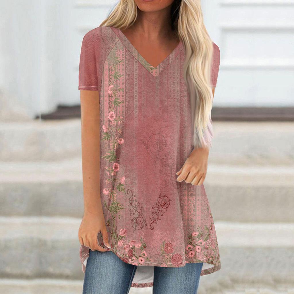 Ladies Short Sleeve Pleated Loose Tops Plus Size Casual Tops V Neck Short Sleeves Casual Summer T Shirts Ladies Tops T Shirts Shirts