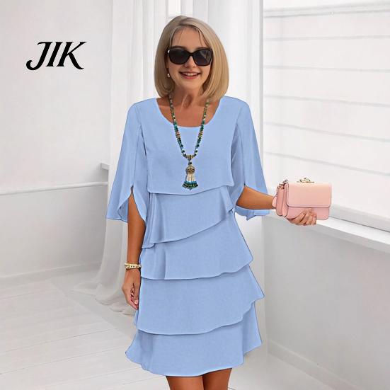 Einfarbiges Kleid Lagenlook Chiffon für Damen Langarm Rundhalsausschnitt Alltagskleidung Rüsche Stufenförmig Fließend Lässig Hochzeitsgast
