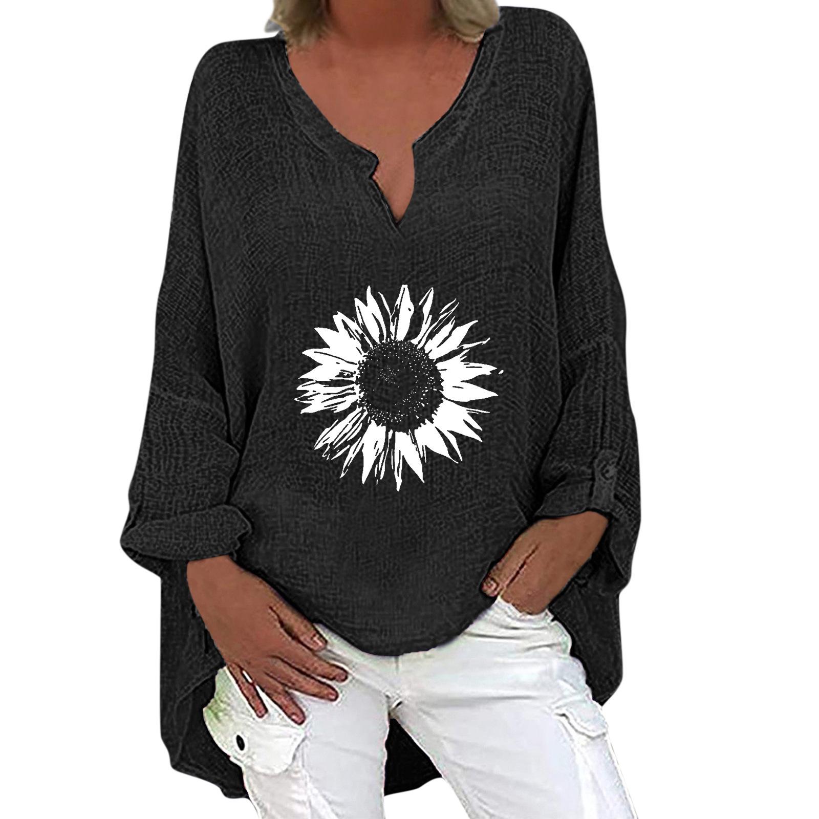 

Trendy Autumn/Winter 2023 V-Neck Print Long Sleeve Cotton Linen Shirt for Women 2XL
