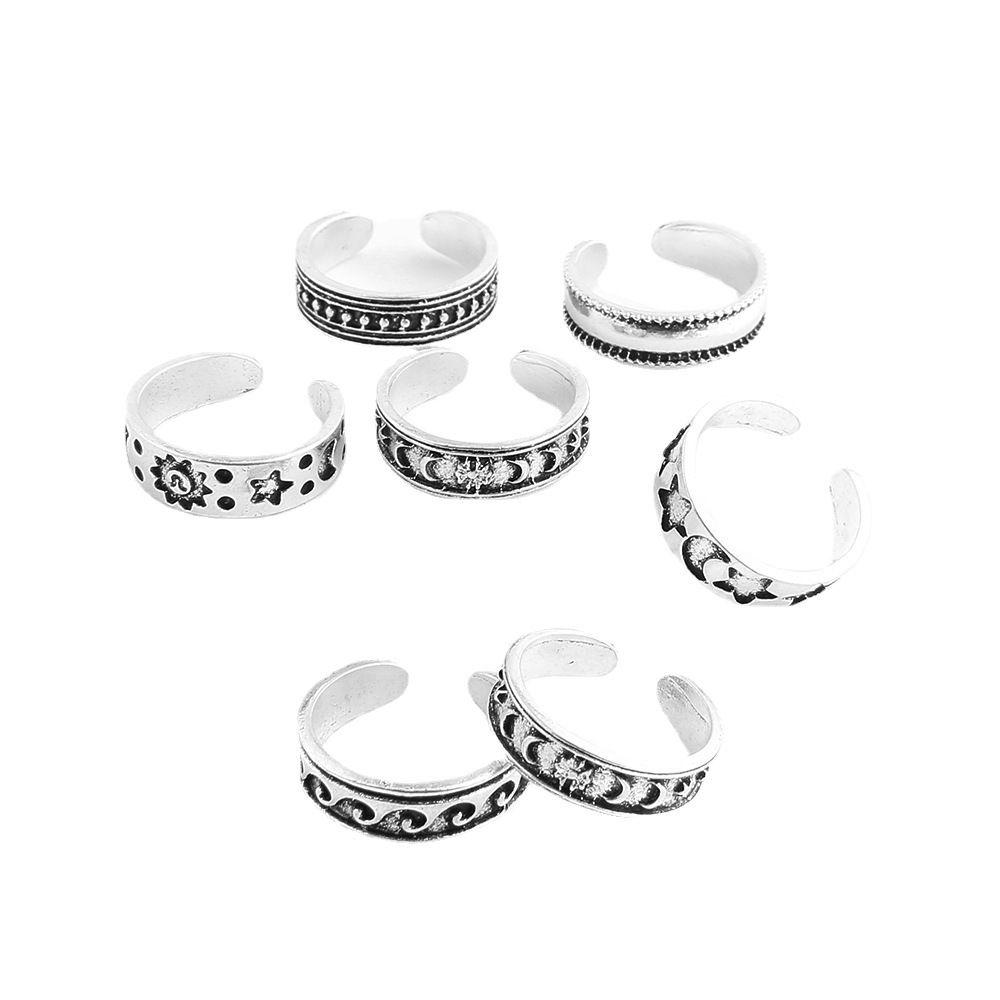 

7 Pcs/Set Opens Silver Sun Star Waves Bohemia Foot Ring Set Toe Rings Vintage