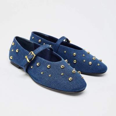 Blue Denim Riveted Round Toe Women Mary Jane Shoes Buckle Design Comfortable Shallow Autumn Casual Footwear Ladies Ballet Flats