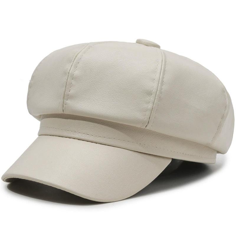1PC PU Leather Winter Fall Peaked Caps Adjustable Painter Hat New Berets Women Hat Solid Color Beret Octagon Slimming Face