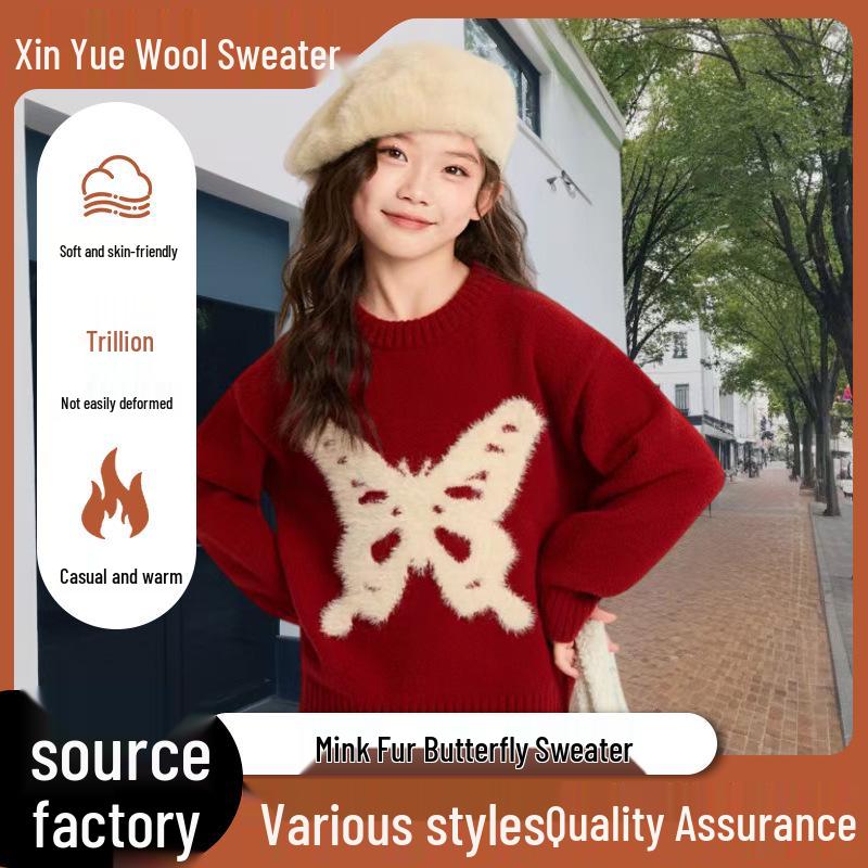Girls' Winter Mink Velvet Butterfly Sweater - New Year Red Knit Pullover 2026