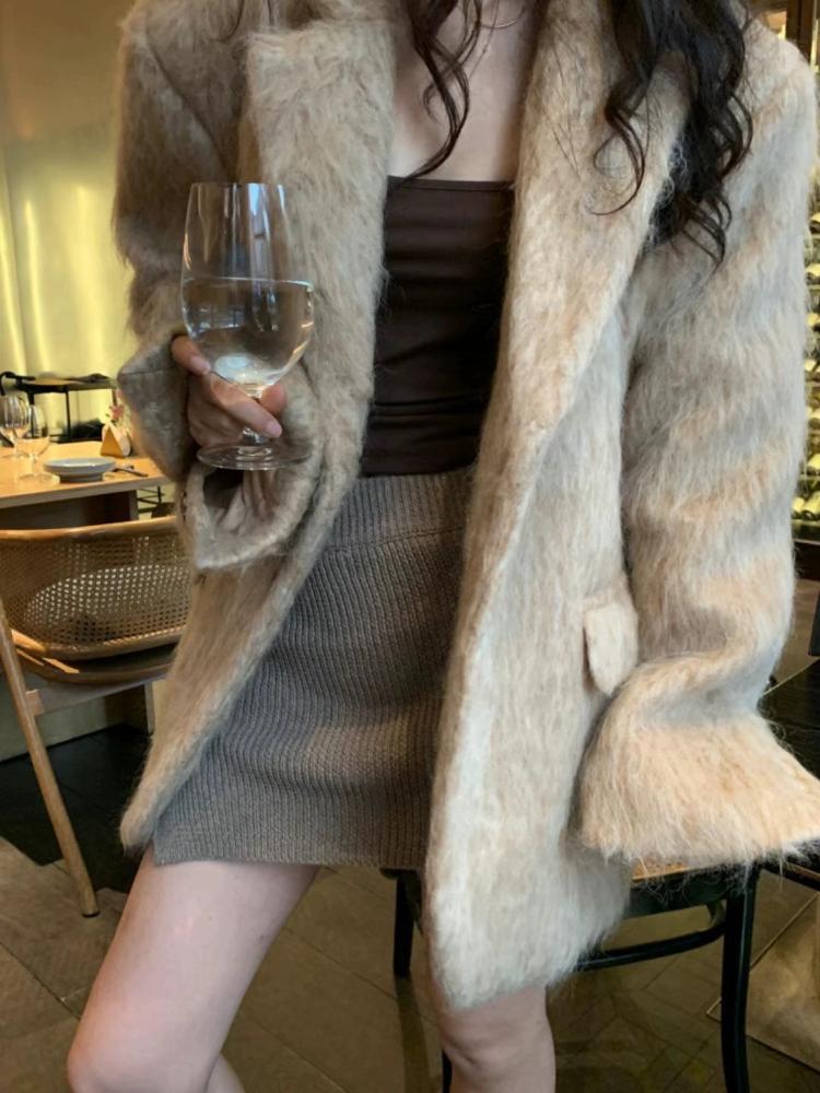 Pevná Elegantní Vintage Kožešinová Bunda Dámská Nová Móda Sladký Volný Kancelářský Kabát Dámský Korejský Návrhář Ležérní Streetwear Oblečení 2024