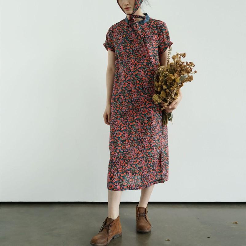 Johnature Women Vintage Print Floral A-Line Dresses Cotton Stand Short Sleeve Summer Chinese Style Dress