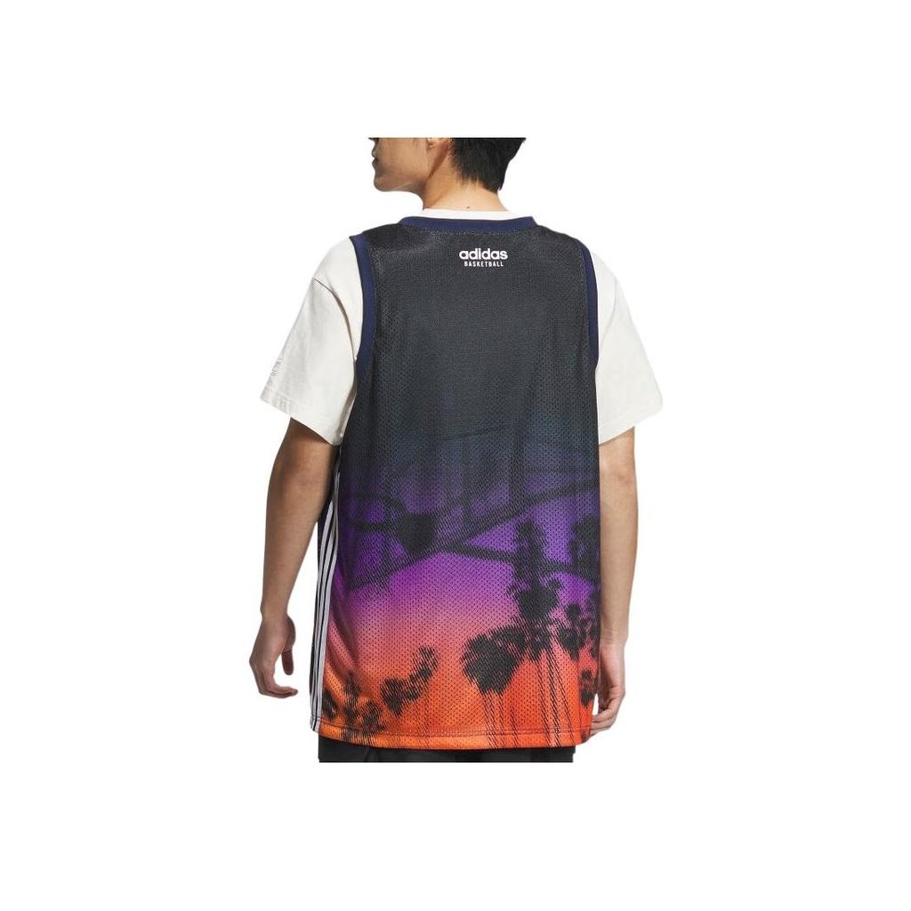 Adidas SS24 Scenic Pattern Printed Breathable Lightweight Loose V-Neck Sleeveless Basketball Jersey Men jersey Deep-Indigo JI9761