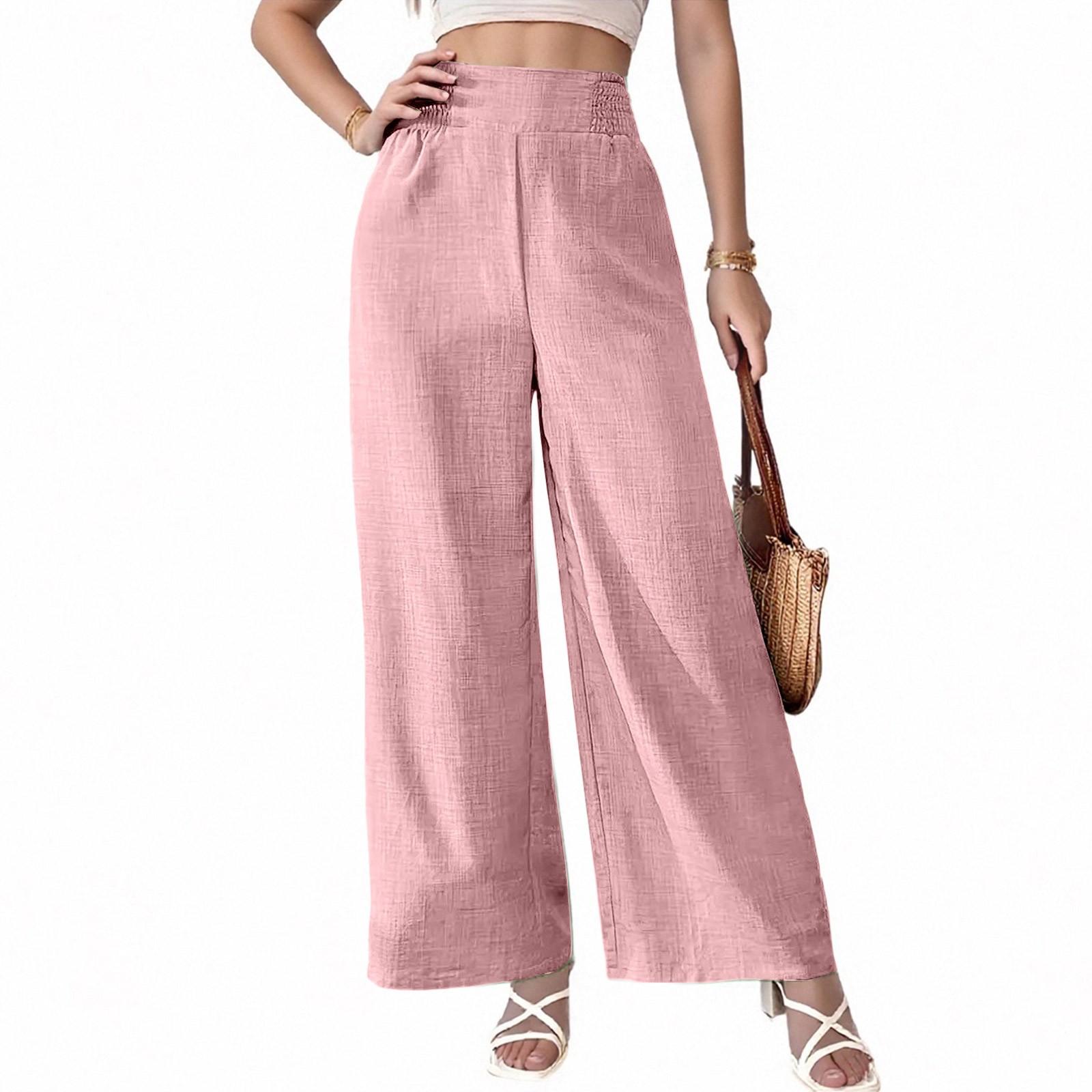 

Women s Summer Wide Leg Pants - Lightweight Breathable Loose Fit Trousers L рожевий
