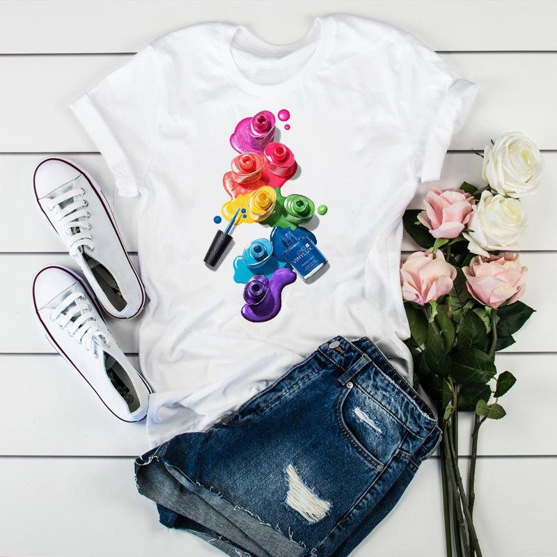 Women'S Fun Nail Polish, Pattern, Print Fashion Women'S T-Shirt Casual Top Ladies