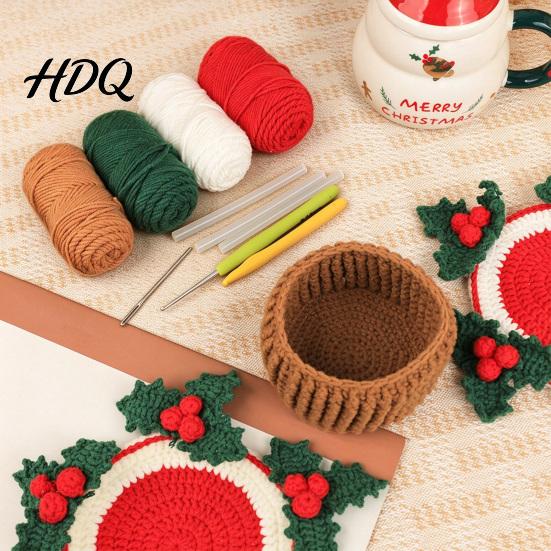 Festive Christmas Home Decor Crochet Cup Coasters with Mini Basket Handmade Holly Plants Soft Yarn for Hand Knitting Berries Mat Set Drinks Tabletop