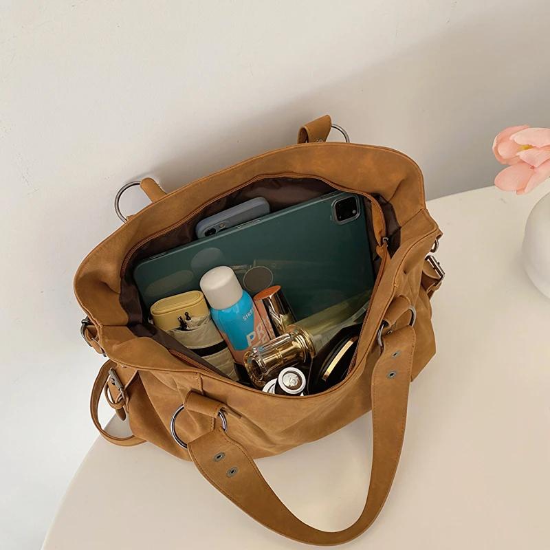 Retro Brown Nubuck Leather Messenger Bag For Women Big Travel Handbag Female Casual Simple Designer Shoulder Bag Sac A Main