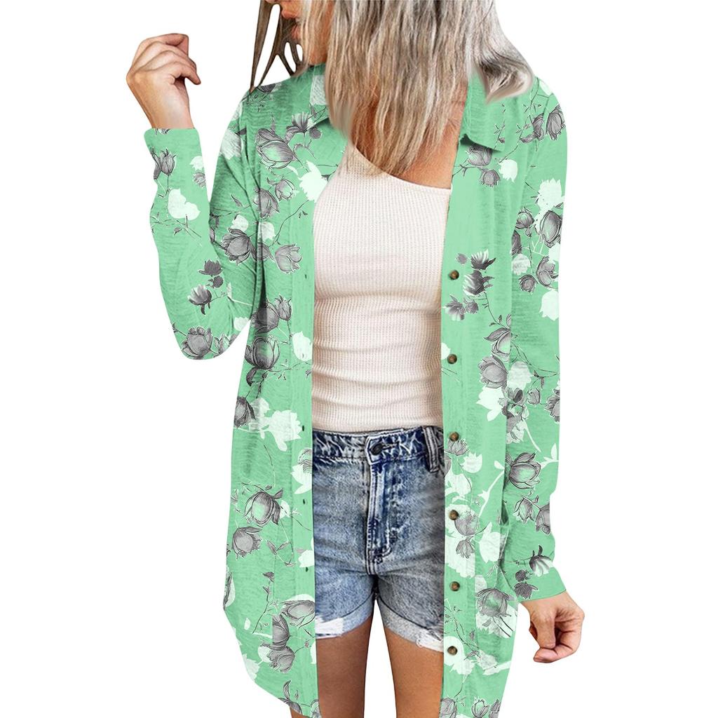 Women's Casual Fashion Floral Print Long Sleeve Mid-Length Cardigan Jacket