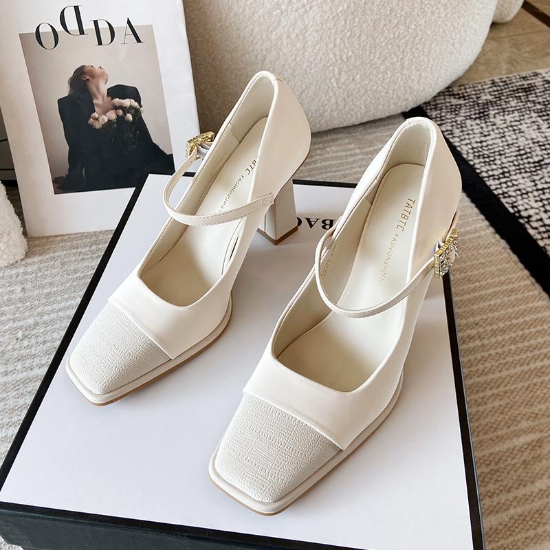 Fashion Women's Fashion Thick Heel Shoes Spring New Square Head Shallow Mouth Splicing A Word with Anti-slip Wear-resistant High Heels