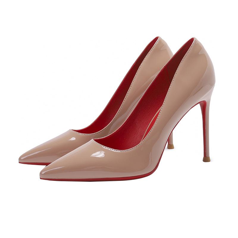 Women's Black Patent Leather Pointed Stiletto Heels - Red Bottom, Small Size, French Style