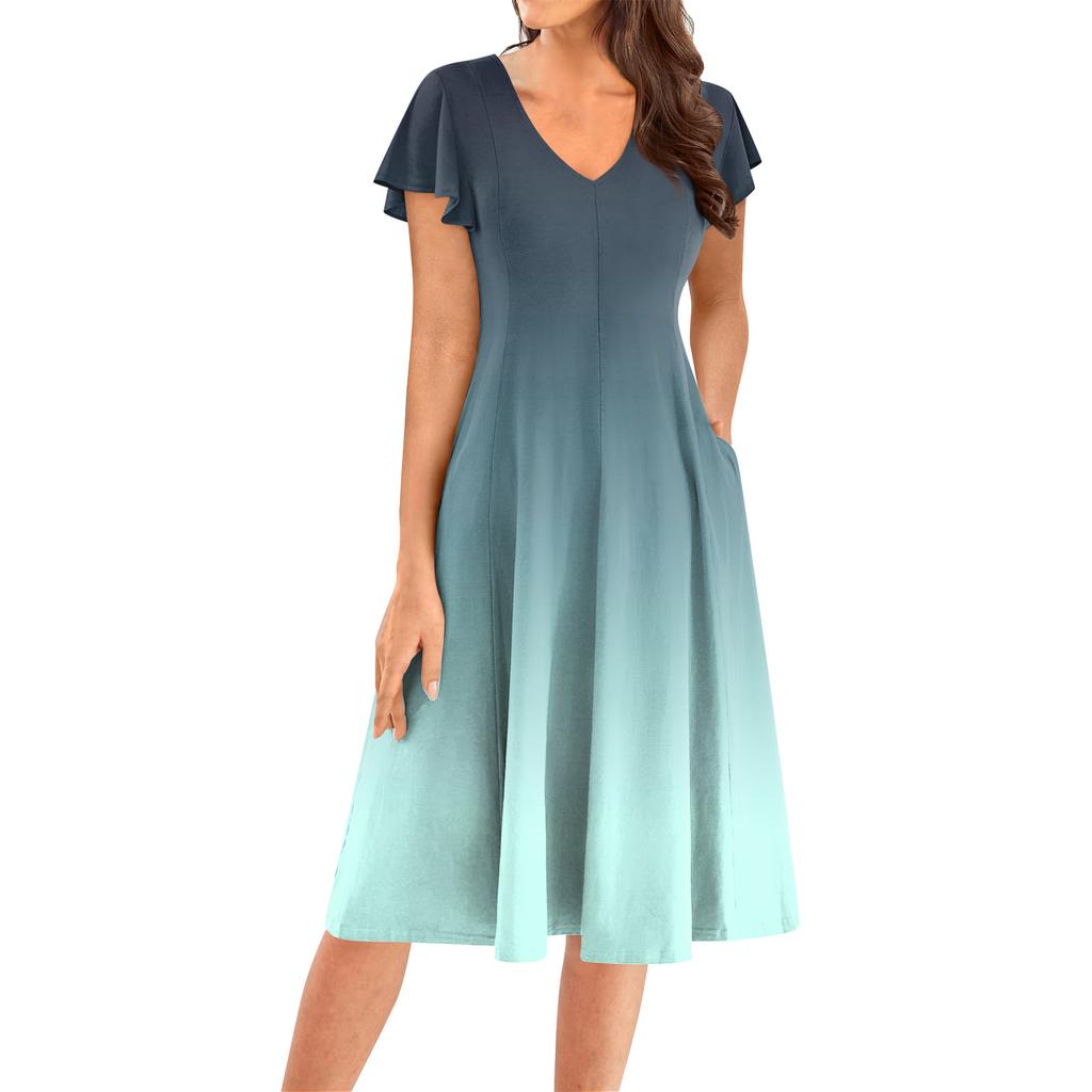 Women's Casual Fashion V-Neck Short Sleeve Midi Dress Fashionable Wedding Guest Dress