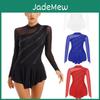 Figure Ice Dance Womens Skating Dresses Glitter Rhinestone Sheer Mesh Patchwork Long Sleeve Leotard Dress
