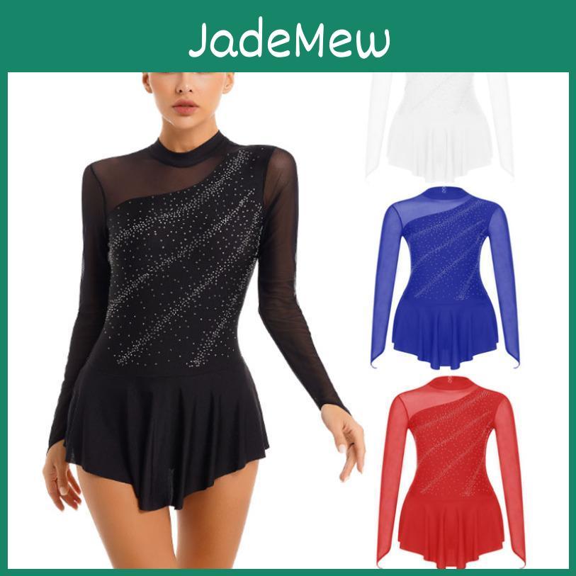 Figure Ice Dance Womens Skating Dresses Glitter Rhinestone Sheer Mesh Patchwork Long Sleeve Leotard Dress