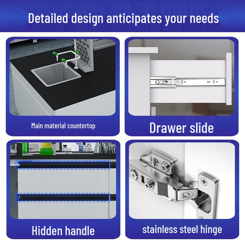 Steel-Wood Laboratory Bench: All-Steel Central & Side Chemical Test Bench with Solid Core Phys-Chem Board Top.