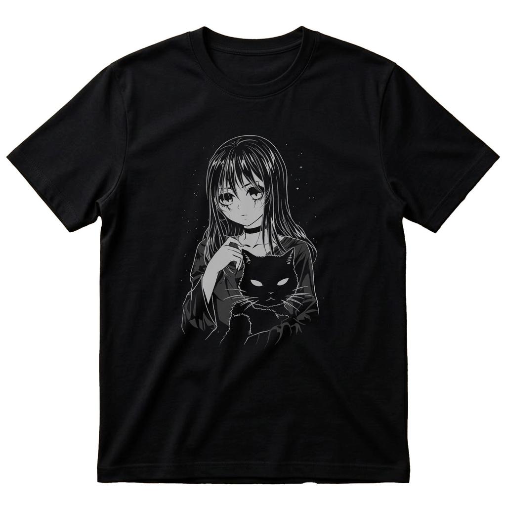 Anime T Shirt Scary Girl and Cat Regular Fit Cotton TShirt Gift For Her