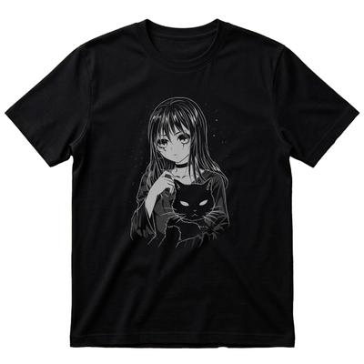 Anime T Shirt Scary Girl and Cat Regular Fit Cotton TShirt Gift For Her