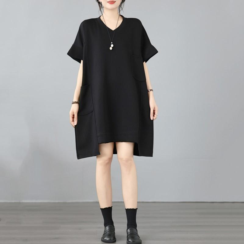 

Short sleeve Plus size vintage new in dresses for women casual loose midi summer dress L чёрный