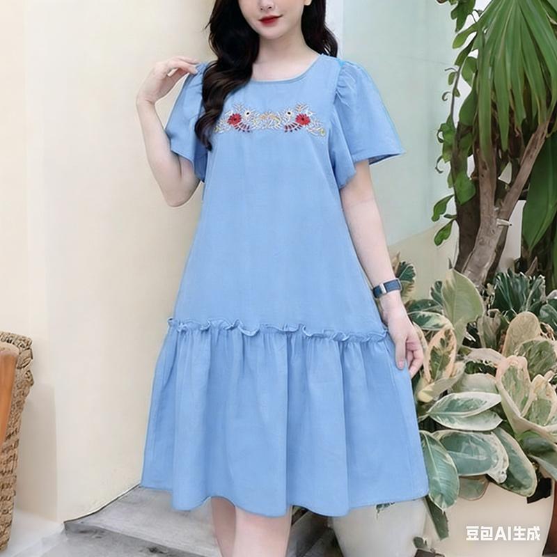 ZANZEA Women Casual Round Neck Loose Floral Embroidery Short Sleeve Dress