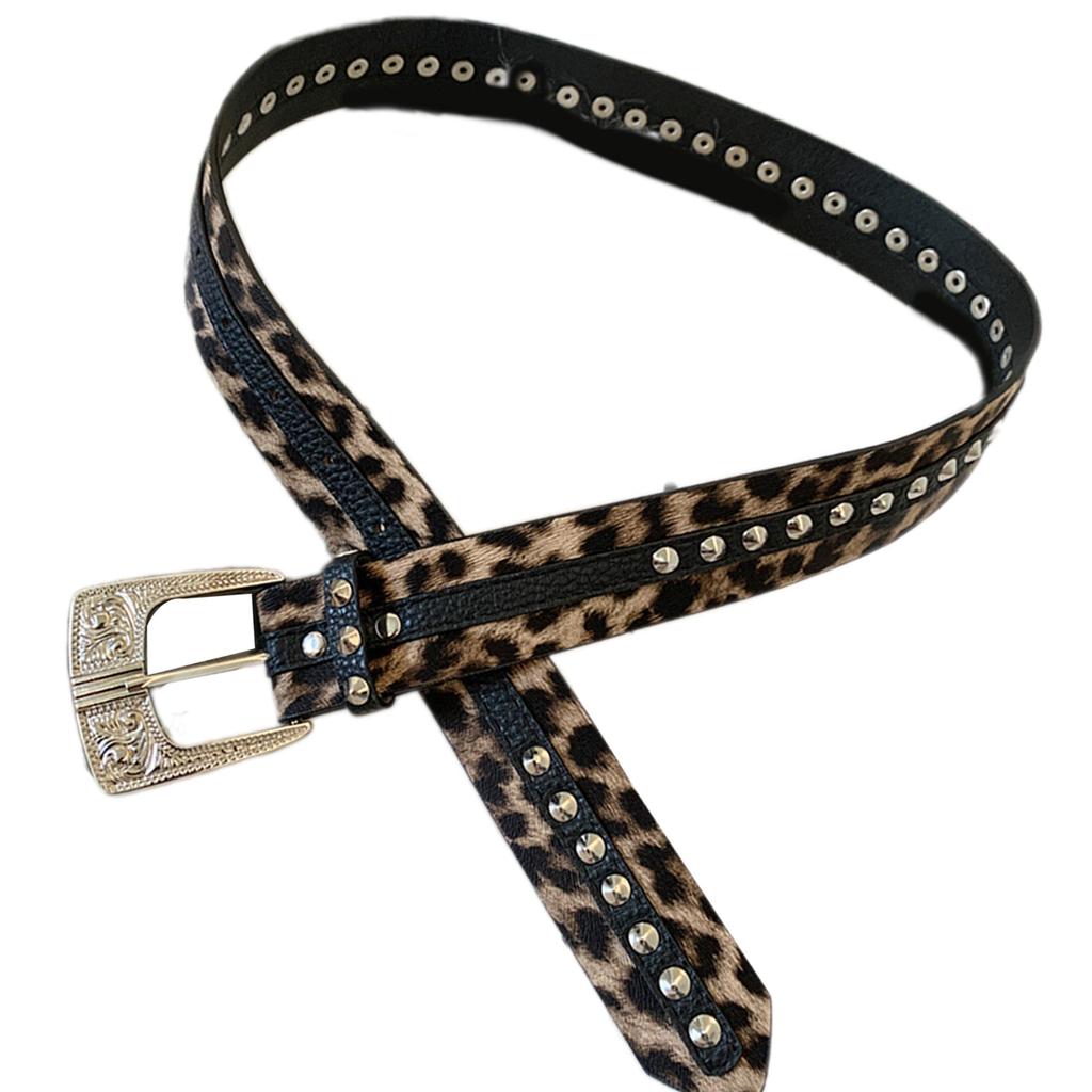 Edgy Rivets Waistband Leopard Pattern PU Belt Retro 2000s Punk Rock Waist Cincher Accessory for Jeans and Dresses