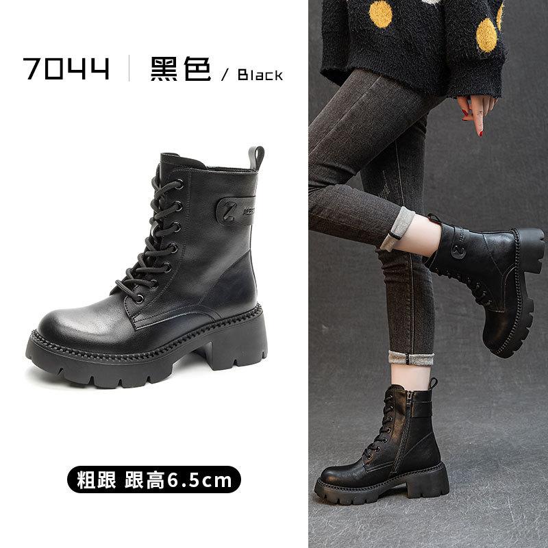 Autumn Leather Martin Boots Women's European and American Thick-soled Medium Boots Round Head Thick Heel Knight Boots Retro Versatile Velvet Boots