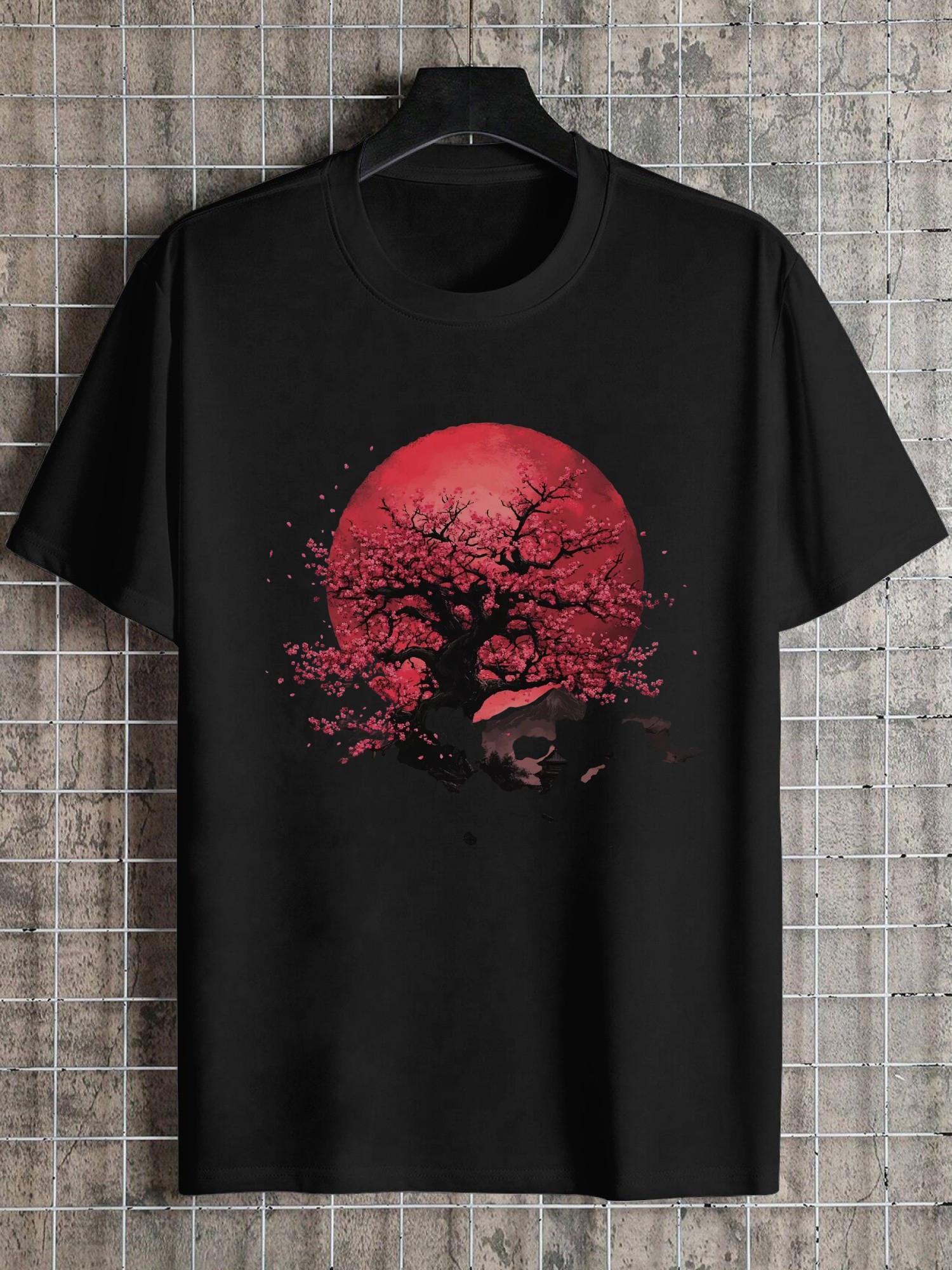 Casual Cherry Blossom Japanese Landscape T-shirt - 180g Cotton Crew Neck Short Sleeve XXXL