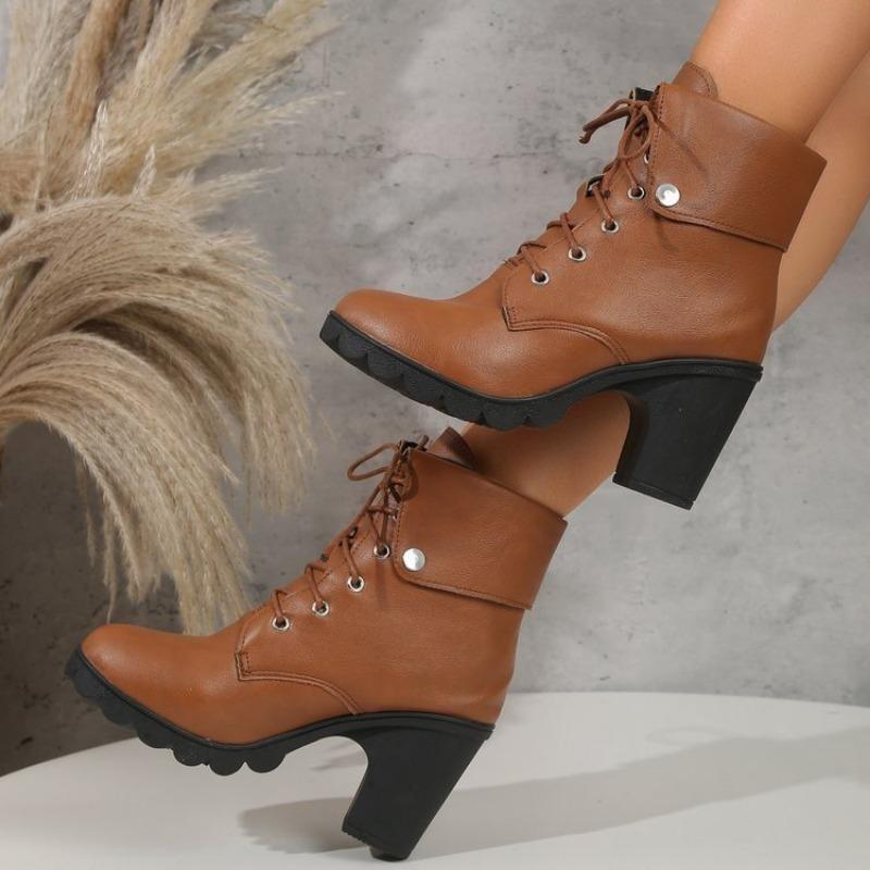 High Heels Women Ankle Boots Lace Up Spring And Fall Platform Ladies Boots Large Size 40 41 42 Fashion Leather Shoes Black Brown