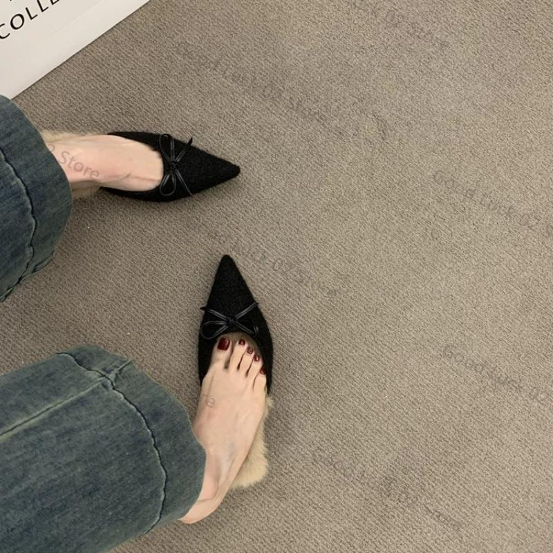 Fashion 2025 High Heel Plush Slides Woman Fashion Elegant Pointed Toe Lamb Hair Slippers Ladies Luxury Plush Evening Party Pump Shoes