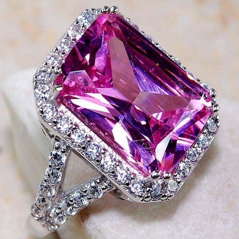 Elegant Pink Sapphire White Topaz Silver Plated Ring With Square Red Corundum 6