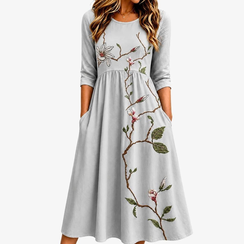Spring and Summer 2026 New Round Neck 7-point Sleeve Casual Loose Long Printed Dress - Bamboo Hemp