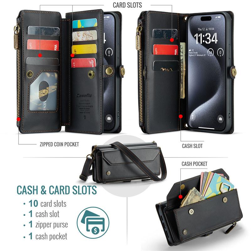 Capa de Celular de Couro Flip com Cordão Longo para iPhone 17 Pro Max Air 16E 16 Plus 15 14 13 12 11 X XS XR SE 2022 8 Carteira com Zíper Porta Multi Cartões Capa