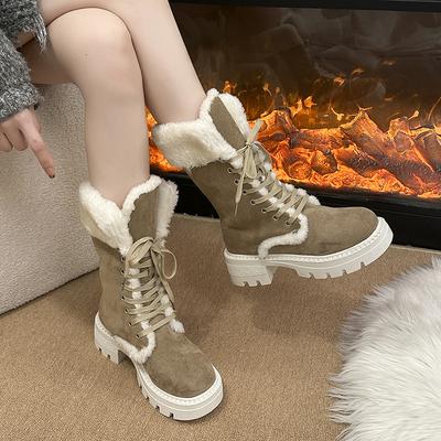 Bottes de neige mi-mollet à semelles épaisses pour femmes, chaudes pour l'hiver, avec doublure intérieure en fourrure pelucheuse, antidérapantes, décontractées, sportives, bottines Martin en coton