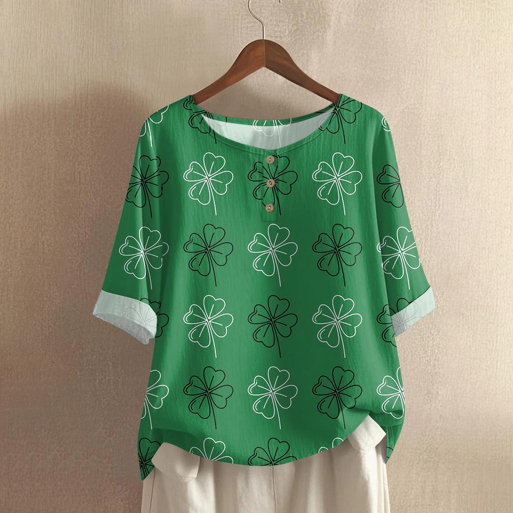 Women's Casual Mid-Sleeve Round Neck St. Patrick's Day Print Cotton-Linen Blend Top