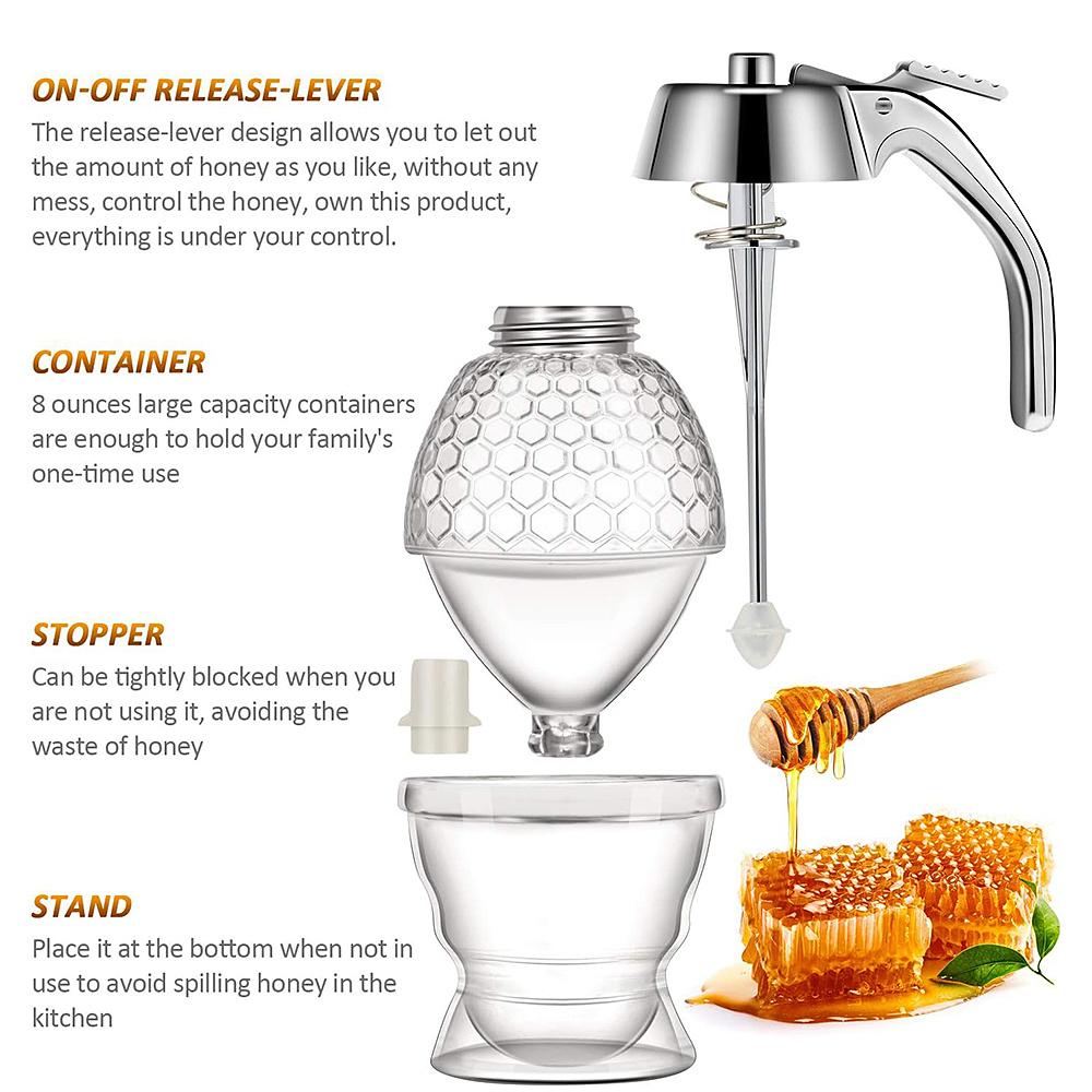 1pc No Drip Glass Honey Dispenser with Stand Juice Syrup Cup Squeeze Bottle Storage Pot Honey Jar Container Kitchen Accessories