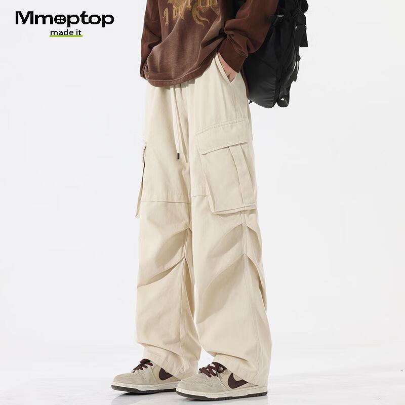 MMOPTOP Cotton Casual Pants for Men, Spring And Summer American Retro High Street Paratrooper Cargo Pants 8381 Off-White L