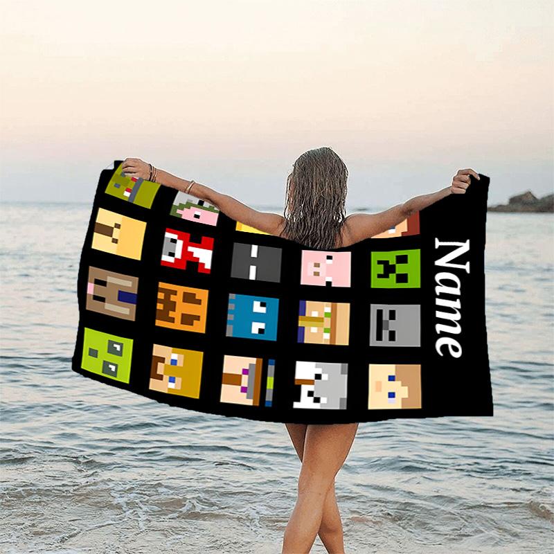 1pc Minecraft2 Beach Towel with Custom Name, Beach/Swimming/Bath/Picnic/Camping Towel, Suitable for Seaside Beaches