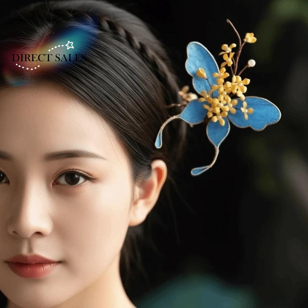 Beautiful Hanfu Butterfly Hair Fork Beads Alloy Chinese Blue Ancient Hairpins Osmanthus Headwear Exquisite Fairy Side Clips