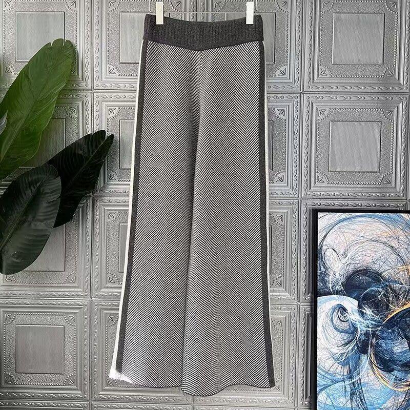 Autumn 2025 Women's High-Waist Wide-Leg Herringbone Knit Wool Pants – Loose, Floor-Length, Casual Outerwear