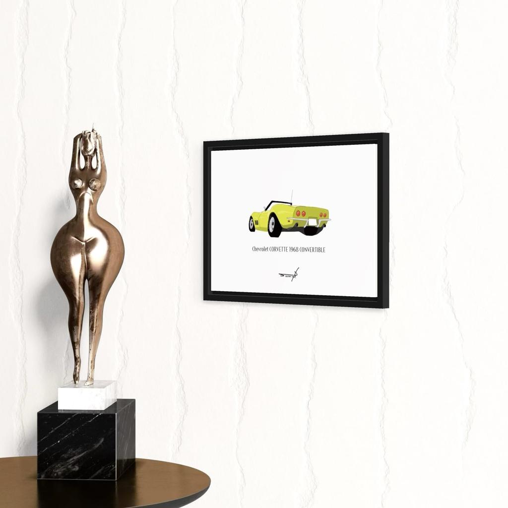 Vintage Car Pop Art Poster, American Car, A4 Framed, Chevrolet Corvette 1968 (Yellow/A4 Framed (Black Frame))