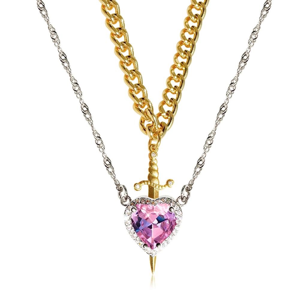 Gold Red Crystal Heart Dagger Pendant Layered Necklace Heart And Sword Necklace For Valentine's Day Couple