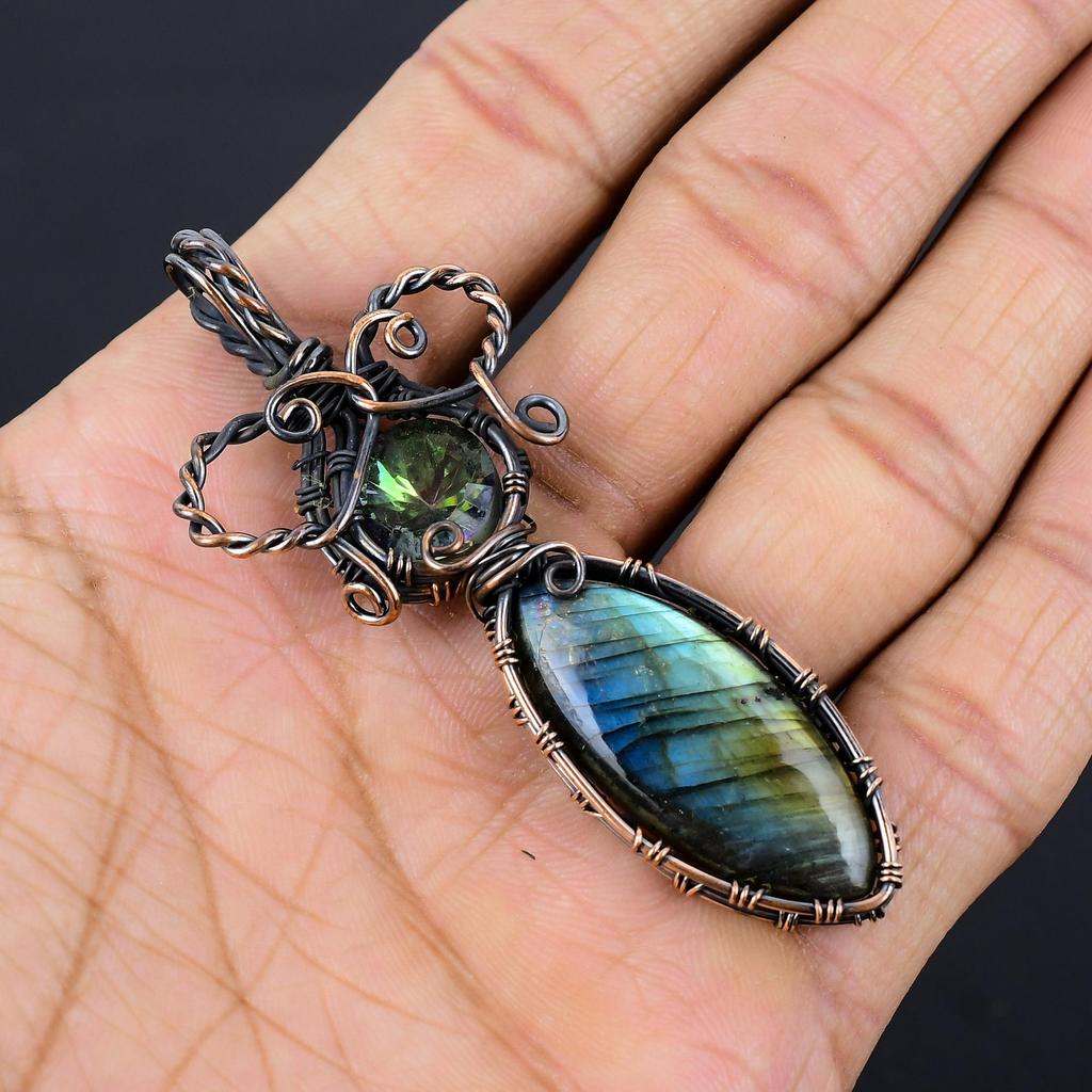 Labradorite & Mystic Topaz Pendant, Handmade Gemstone 999 Copper Wire Wrapped Pendant Antique Jewelry, For Gift Silver Jewelry