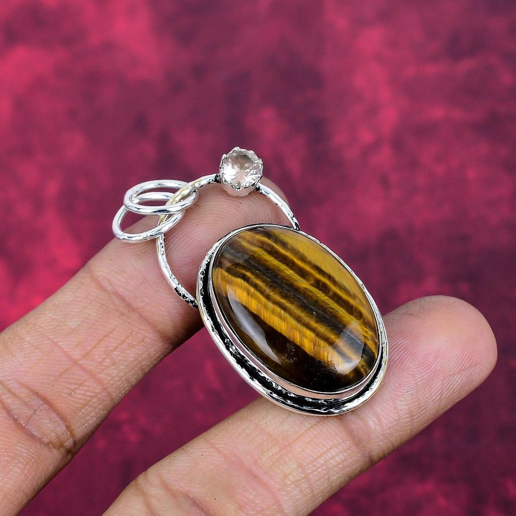Tigerauge & Morganit Anhänger, 925 Massiv Sterlingsilber Schmuck, Edelsteinanhänger, Geschenk für Sie Handgefertigt Schöner Schmuck